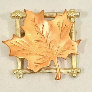 Vintage SFJ Copper Tone Maple Leaf on Bamboo Style Metal Frame Brooch 1.5"